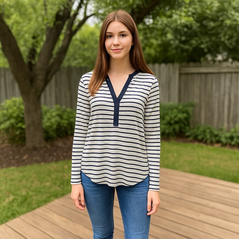 H&M Striped Top Navy and White V-neck Blouse